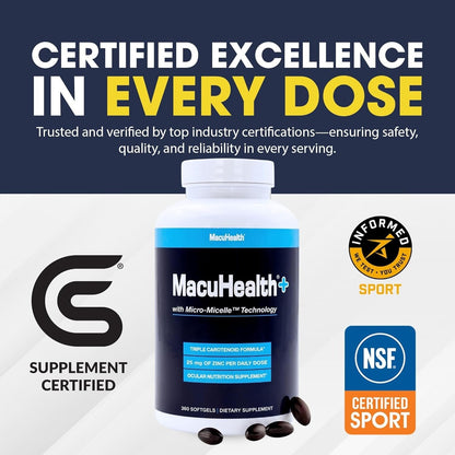 Macuhealth Plus+ Eye Vitamins Supplement for Adults - 90 Day Supply with Lutein, Zeaxanthin, and Meso-Zeaxanthin - Unflavored, Vitamin for Eyes